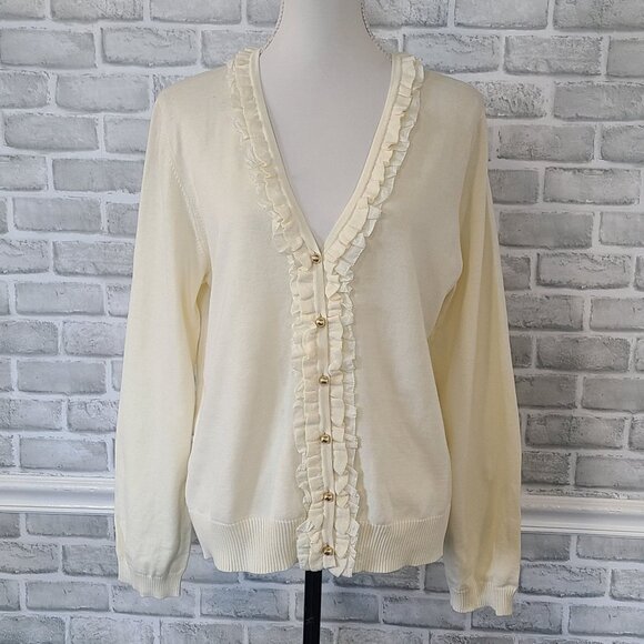 Liz Claiborne Ruffle Edge Romantic Sweater Cardigan NEW XL Cotton Button Up crea - Picture 1 of 9